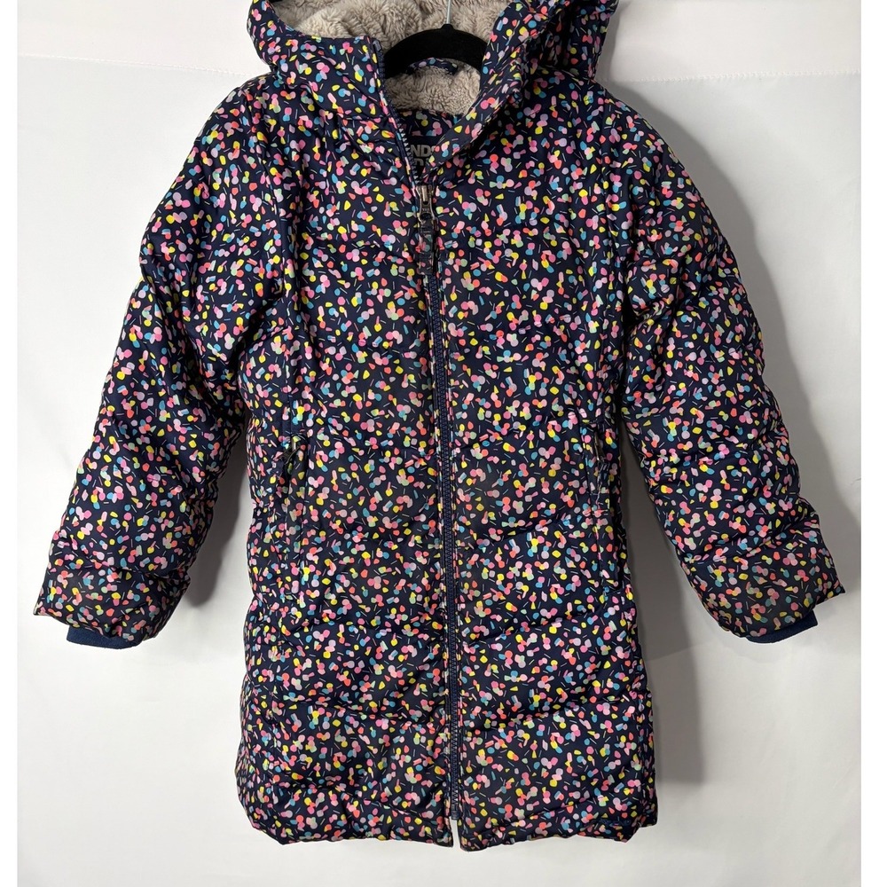 Lands End Kids XS 4-5 Primaloft Confetti Puffer Parka Faux Fur Lined Navy Blue